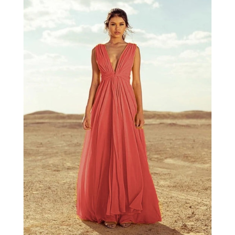 A-Line  Long Plunging Neckline Chiffon Bridesmaid Dresses