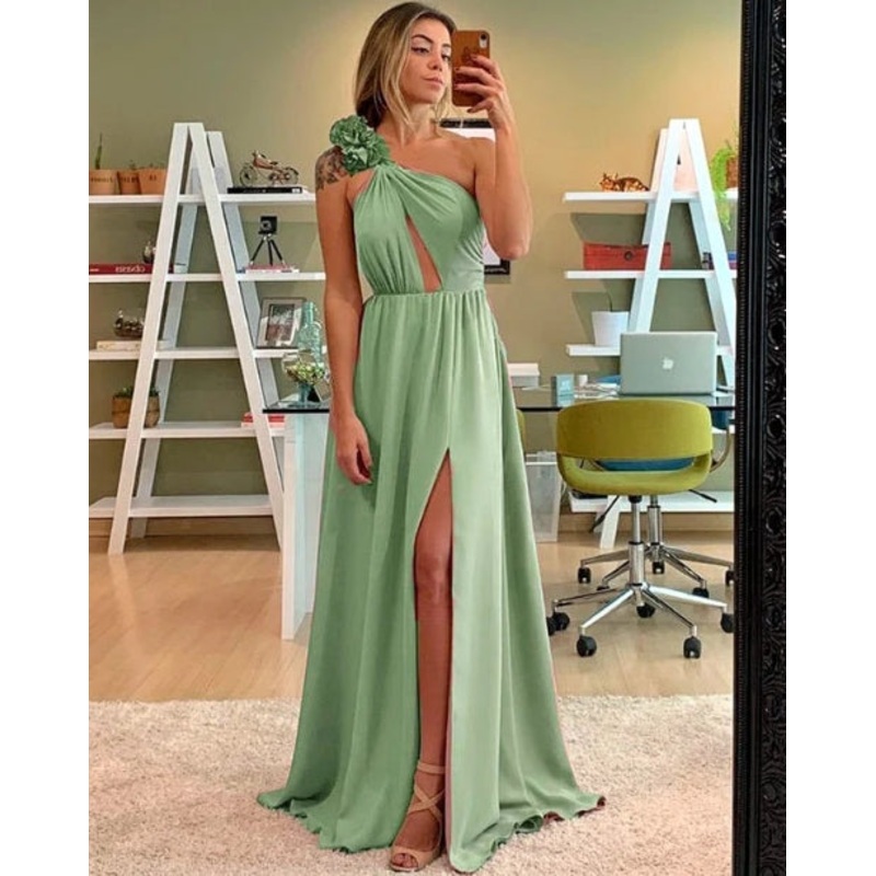 A-Line One Shoulder Keyhole Bridesmaid Dresses Chiffon Split With Flowers
