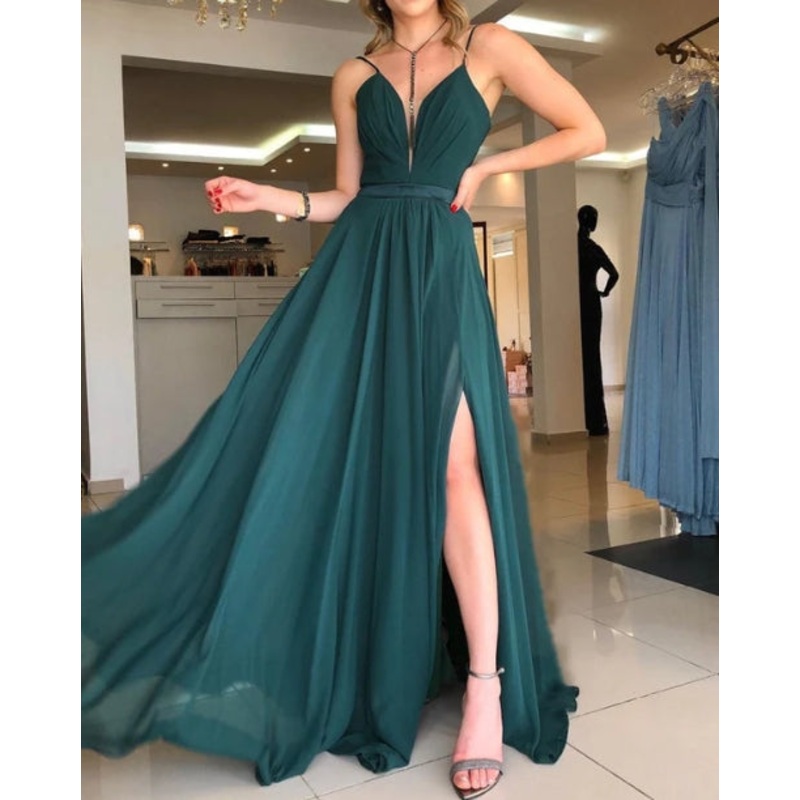 A-Line Open Back Chiffon Long Dress Bridesmaid Dresses With Slit