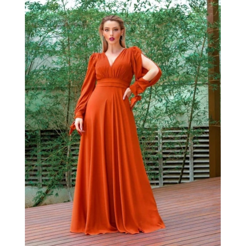 A-Line V-Neck Burnt Orange Bridesmaid Dresses Cold Sleeves Floor-length Dress
