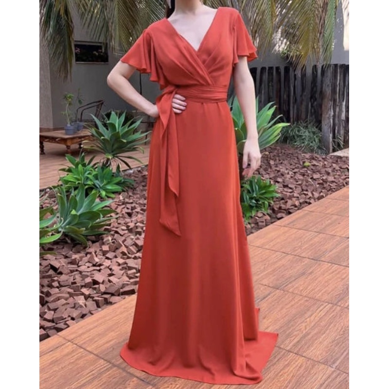 A-Line V-Neck Terracotta Chiffon Bridesmaid Dresses With Sleeve