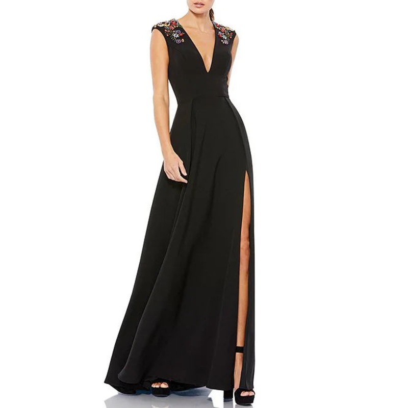 Beaded Shoulder Deep V-Neck Cap Sleeve Thigh High Slit A-Line Gown Formal Cocktail Dresses