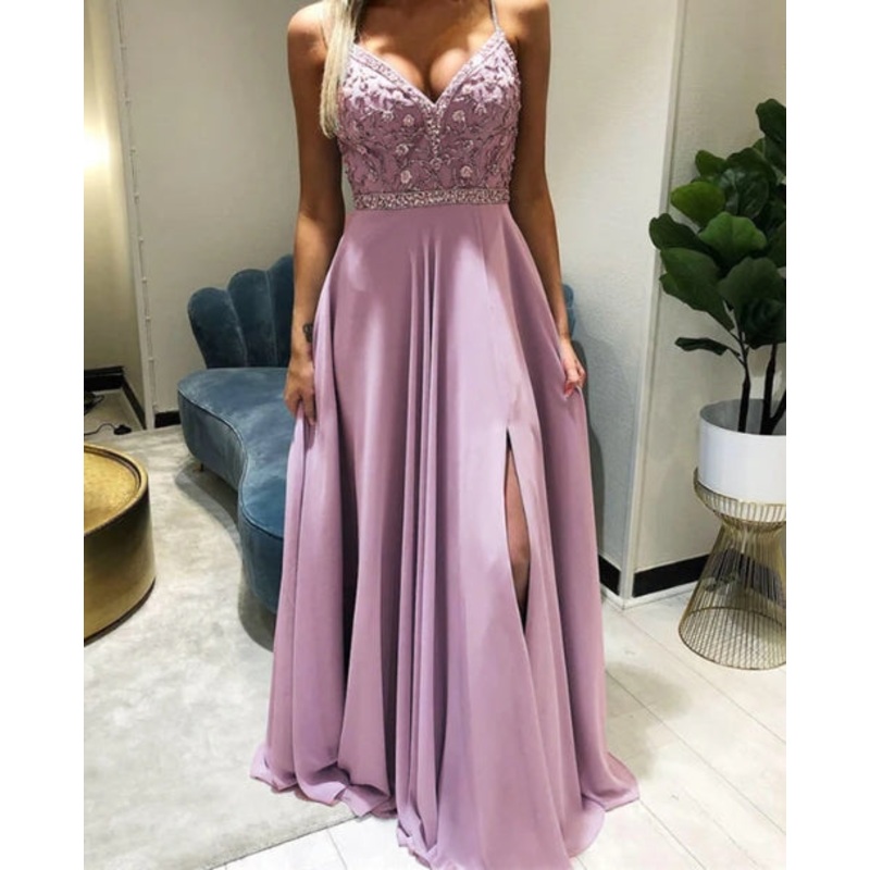 Beaded V-Neck Split Bridesmaid Dresses Chiffon A-Line Prom Dresses