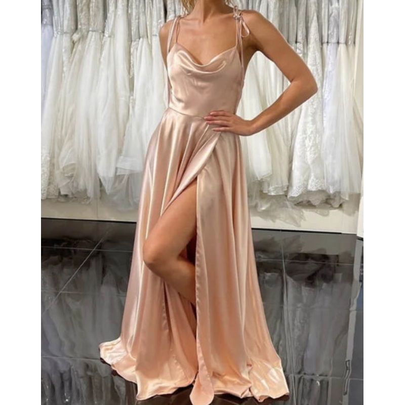 Blush Pink Satin Bridesmaid Dresses Cowl Neck Split A-Line Floor-length Evening Dresses