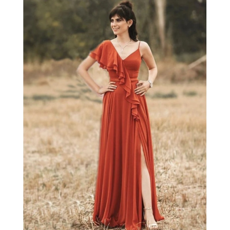 Boho Chiffon Floor-length Bridesmaid Dresses Asymmetrical Neckline With Slit