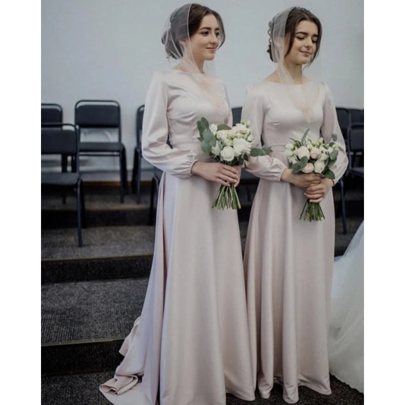 Champagne Simple Bridesmaid Dresses Long Sleeves Formal Floor-length Wedding Guest Party Dresses
