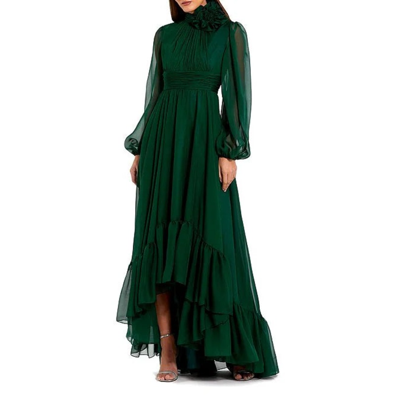 Chiffon 3D Flower Turtle Neck Illusion Long Balloon Sleeve Ruffle Hem High Low Gown Cocktail Dresses