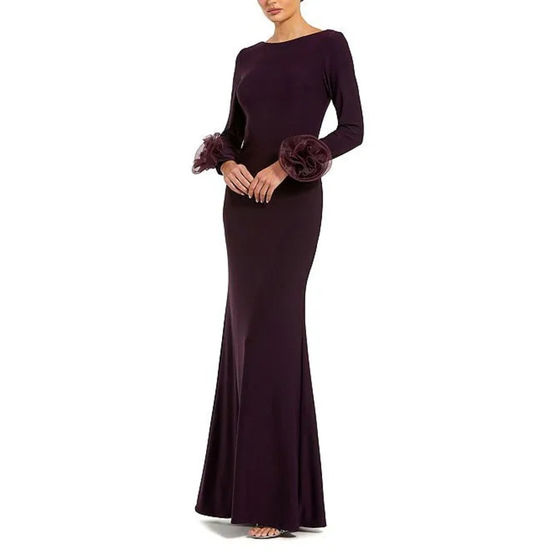 Column Sheath Round Neck 3D Floral Sleeves Jersey Gown Evening Dresses