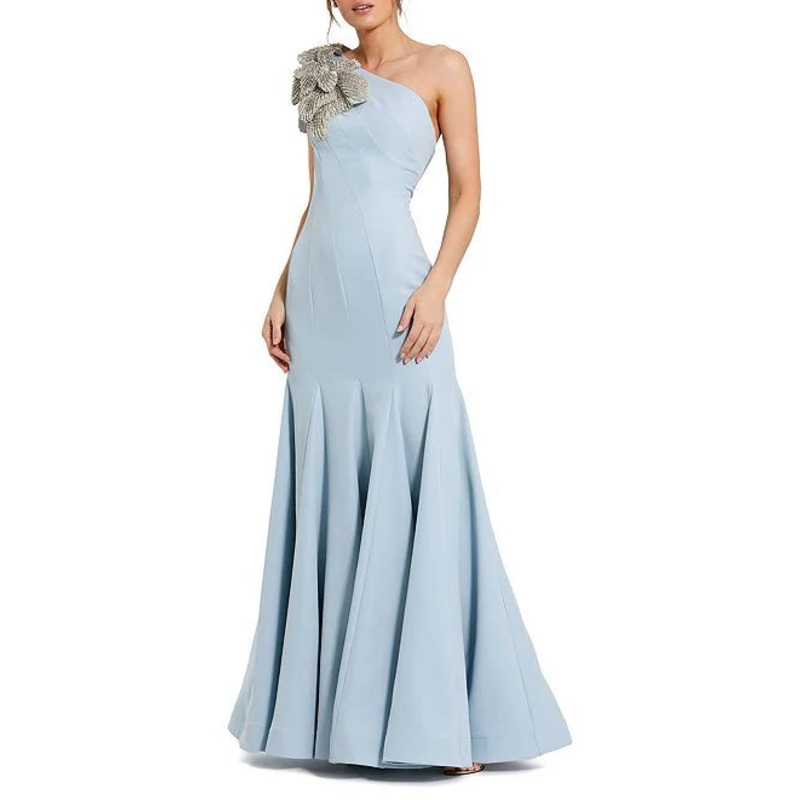 Crepe One Shoulder Sleeveless Flower Applique Gown Cocktail Dresses