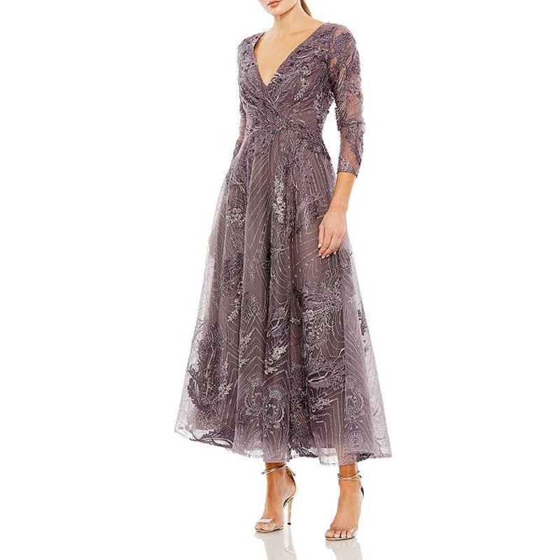 Embroidered Surplice V-Neck 3/4 Sleeve Tea Length A-Line Dress Cocktail Dresses