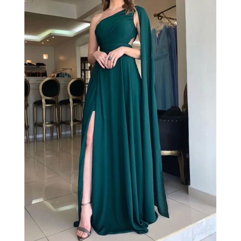 Emerald Green Chiffon Bridesmaid Dresses Wedding Guest Party Dresses One Shoulder With Slit