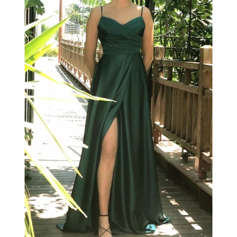 Emerald Green Satin A-Line V Neck Spaghetti Strap Bridesmaid Dresses Split