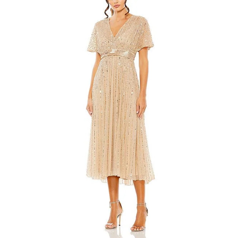Flutter Sleeve Embellished Chiffon A-Line V-Neck Midi Dress Cocktail Dresses