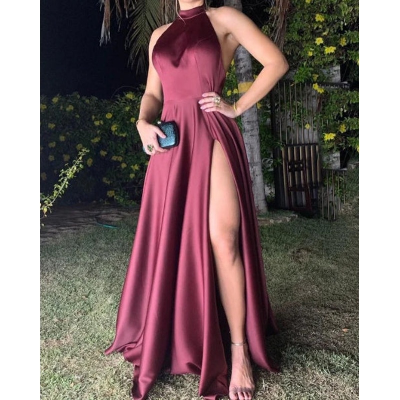 Halter Split Open Back Satin Bridesmaid Dresses High Slit A-Line Wedding Guest Party Dresses