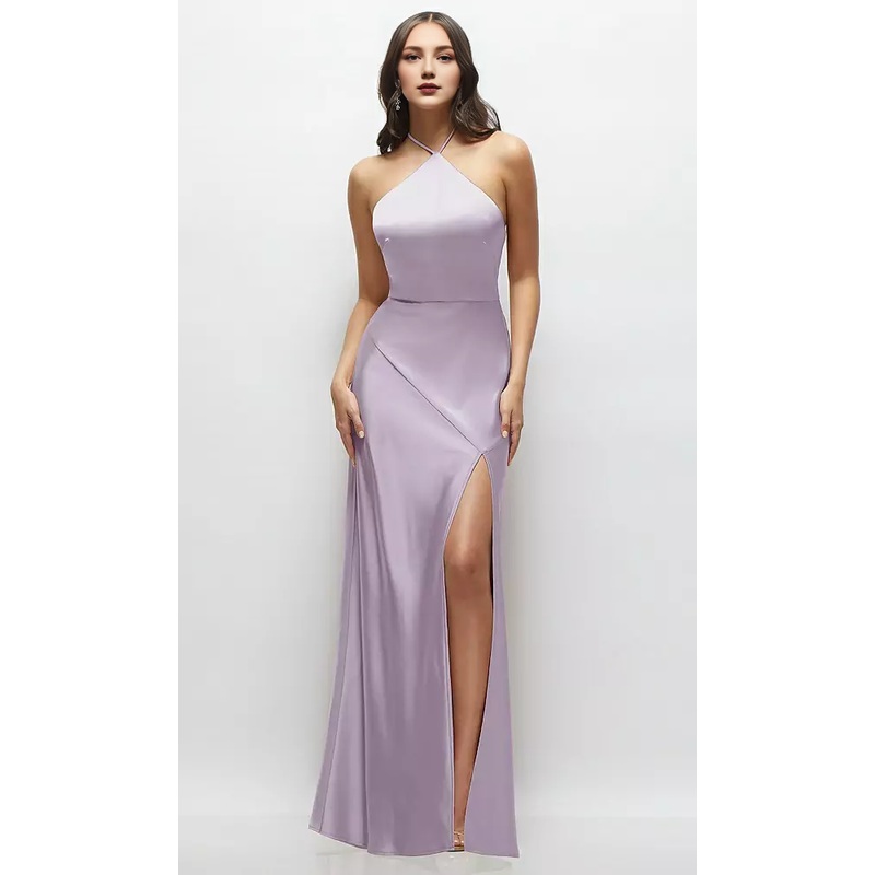 High Halter Tie-Strap Open-Back Satin Maxi Dress Long Bridesmaid Dresses