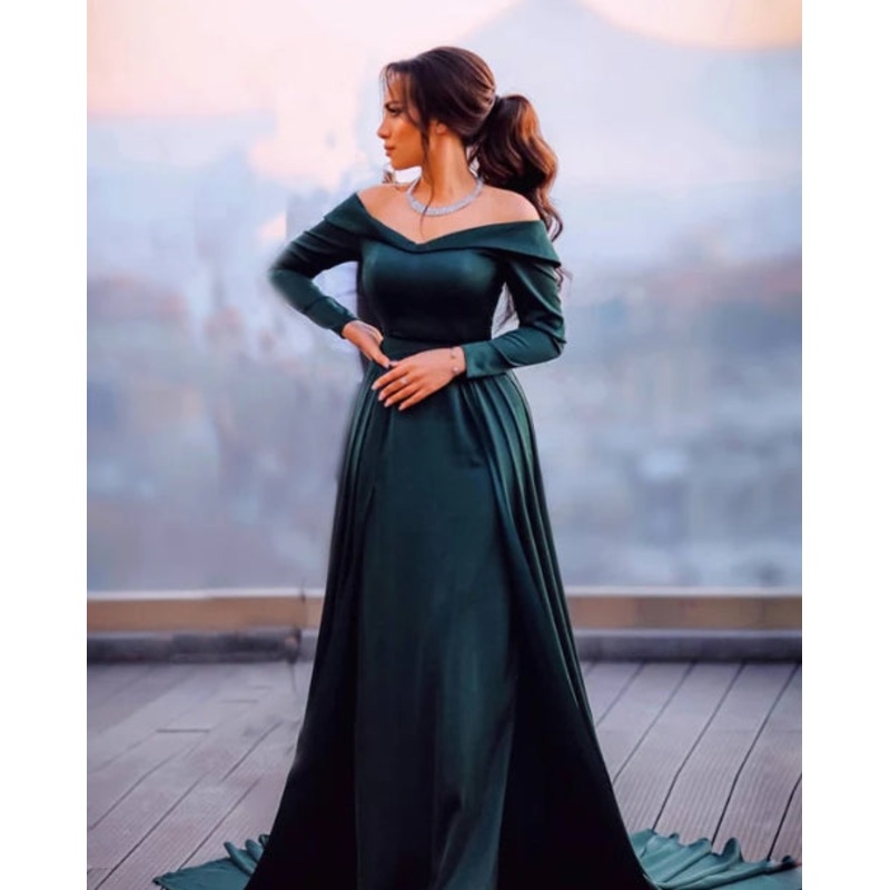 Hunter Green Mermaid Satin Dresses Off Shoulder Evening Dresses Sweep/Brush Train Dresses