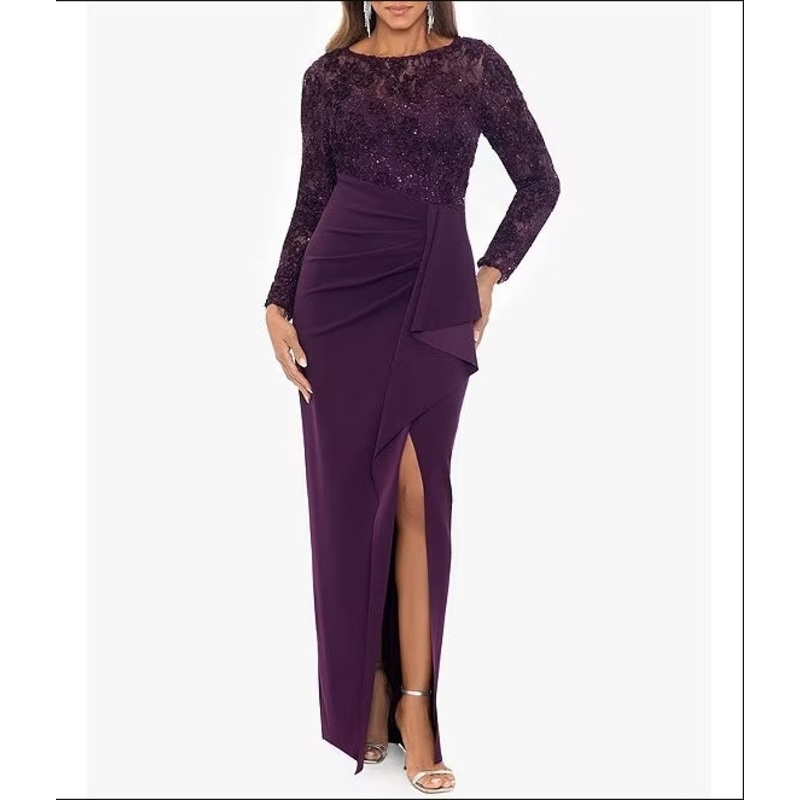Illusion Sleeve Lace Bodice Ruffle Front Gown Mother of the Bride Dresse Cocktail Dresses