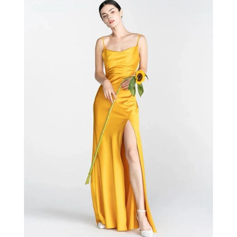 Long Gold Satin Fitted Floor-length Spaghetti Strap Bridesmaid Dresses Side Split