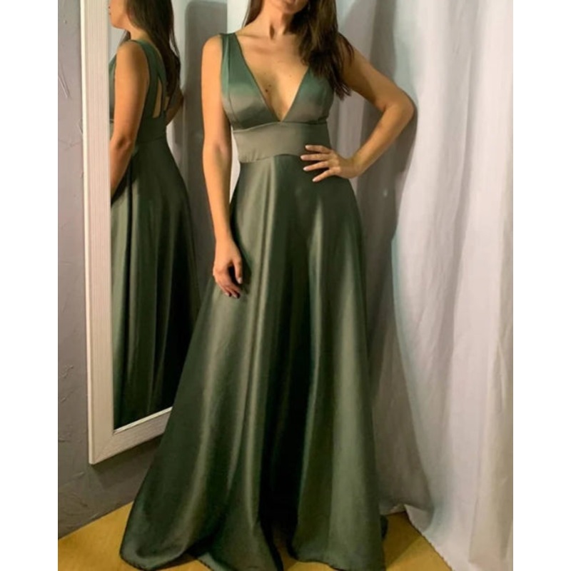 Long Satin V Neck Empire Bridesmaid Dresses A-Line Evening Dresses