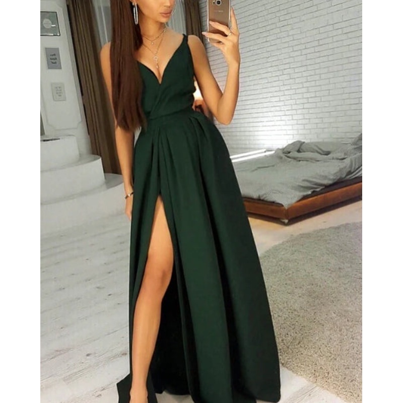 Long Sexy Bridesmaid Dresses V Neck Split A-Line Satin Evening Dresses