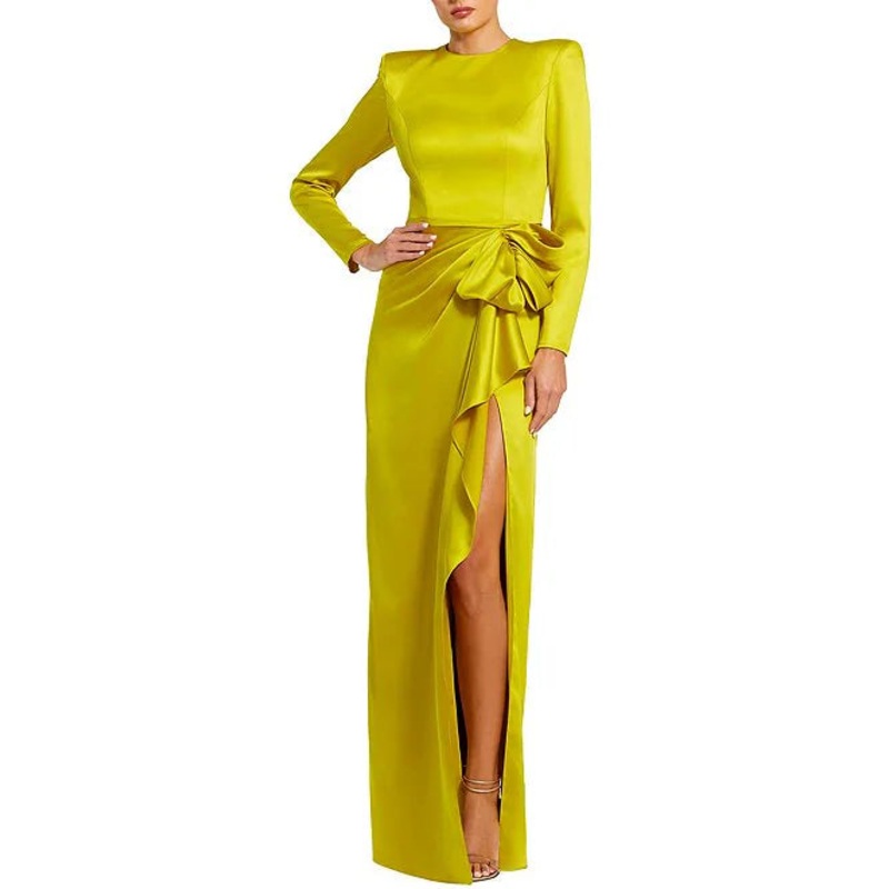 Long Sleeve Crew Neck Ruched Waist Draped Bow Thigh High Slit Satin A-Line Gown Cocktail Dresses