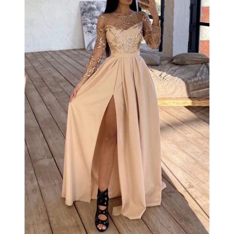 Long Sleeves Champagne Bridesmaid Dresses High Slit Evening Dresses