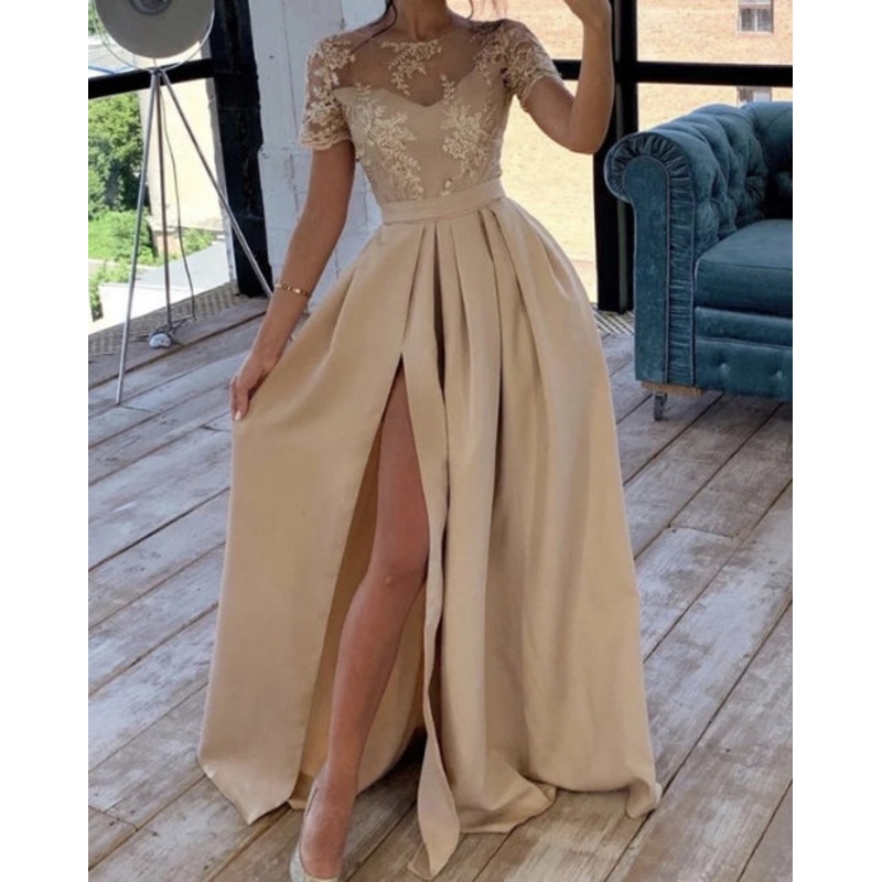 Long Sleeves Champagne Bridesmaid Dresses Satin A-Line Evening Dresses With Slit