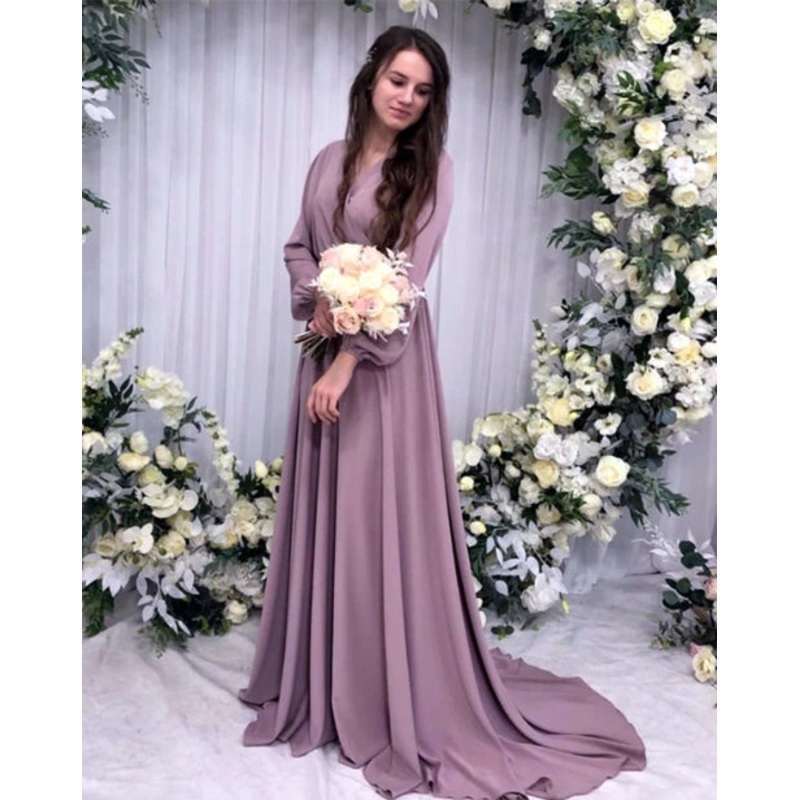 Mauve Bridesmaid Dresses Long Sleeves V Neck With Sweep Train