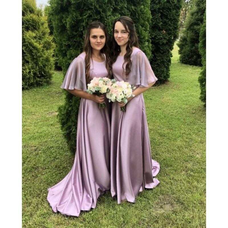 Mauve Purple Bridesmaid Dresses Ruffles Sleeves With Sweep Train