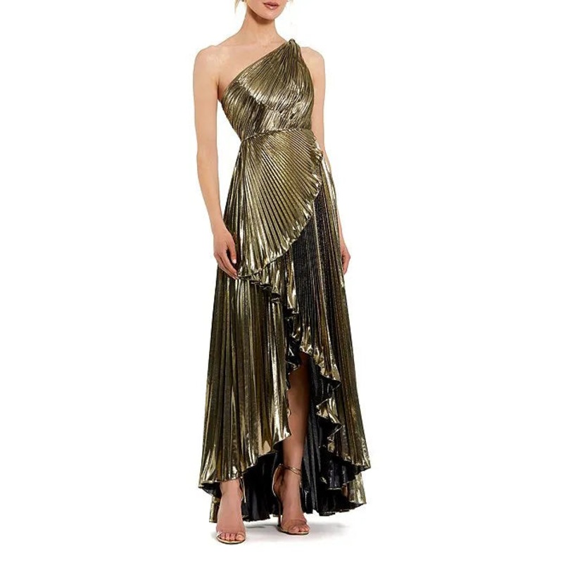Metallic Pleated One Shoulder Sleeveless Faux Wrap Ruffle Hem High Low Gown Cocktail Dresses