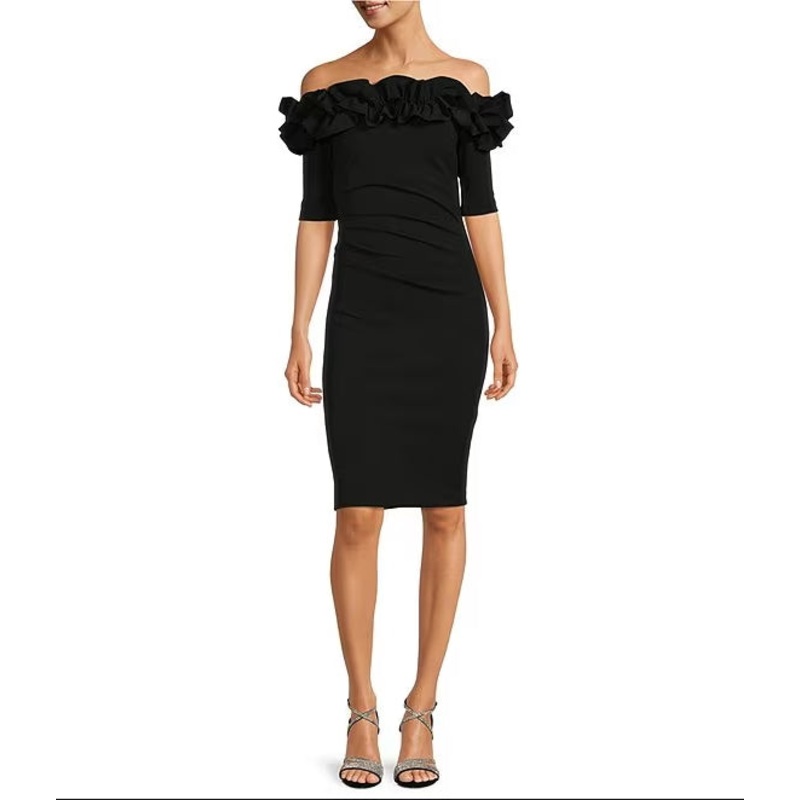 Off-the-Shoulder Ruffle Neck Short Sleeve Stretch Scuba Crepe Dress Cocktail Dresses