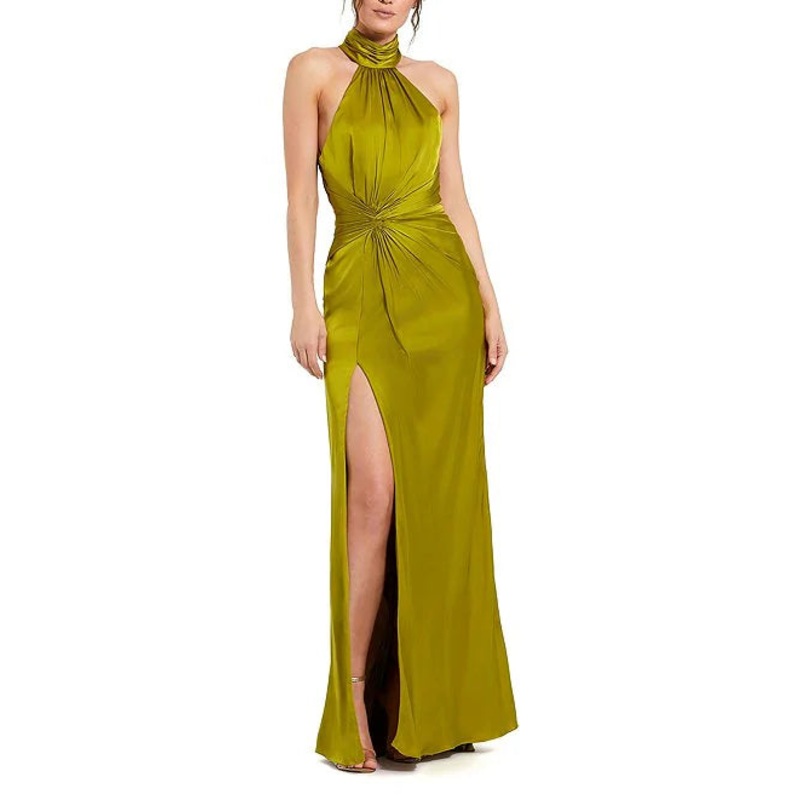 Satin Halter Mock Neck Sleeveless Side Ruched Gown Backless Evening Dresses