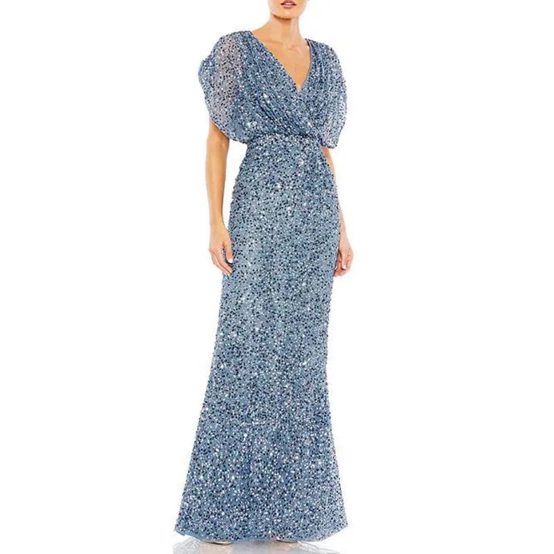 Sequin Surplice V-Neck Draped 3/4 Sleeve Blouson Bodice Sheath Gown Evening Dresses