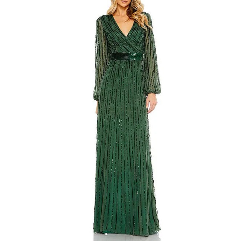 Sequin Surplice V-Neck Long Puff Sleeve Gown Evening Dresses
