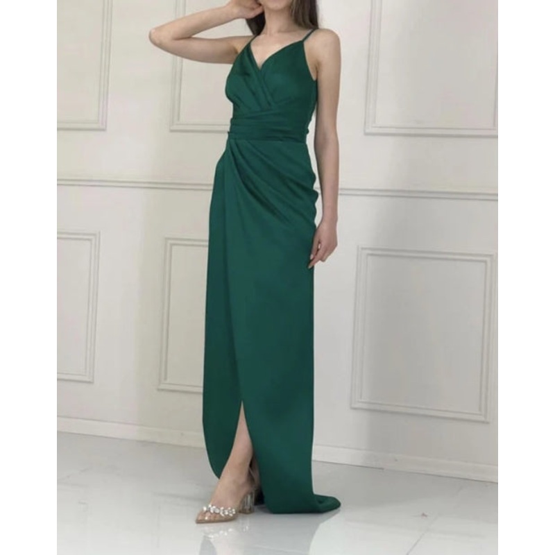 Sheath Bridesmaid Dresses Pleated V Neck Split Floor-length Evening Dresses
