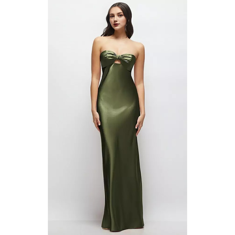 Strapless Bow-Bandeau Cutout Satin Maxi Slip Dress Long Bridesmaid Dresses Wedding Guest Dresses