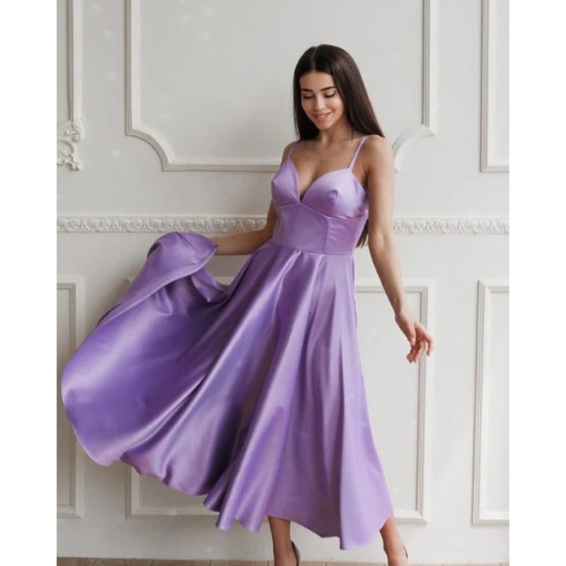 Tea Length Bridesmaid Dresses Satin V Neck A-Line Party Dresses