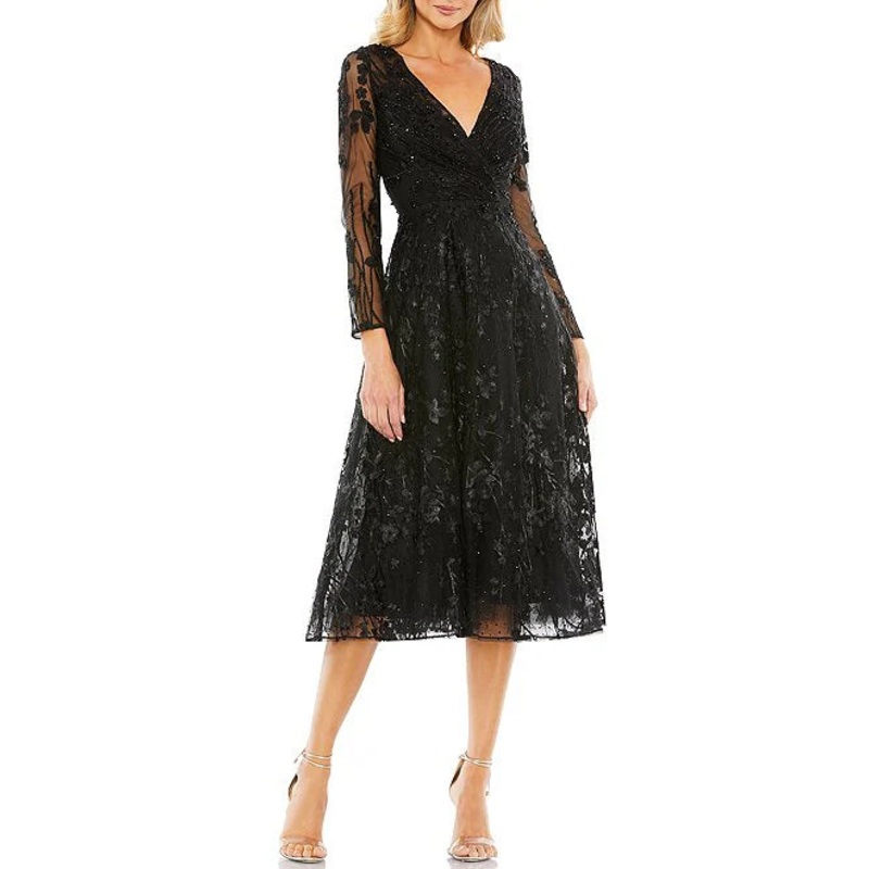 V-Neck Embellished Floral Mesh Midi Dress Long Sleeves A-Line Cocktail Dresses