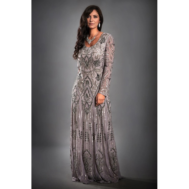 1920s Dress Grey With Sleeves Downton Abbey Sparkling Modest Evening Gown Mother of the Bride Dresse