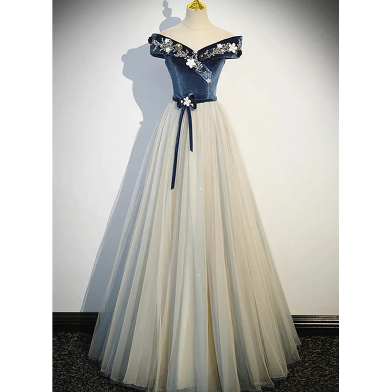 A-line Blue-Grey Sequins Off Shoulder Long Party Dress Velevet Long Prom Dress