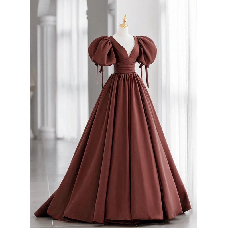 A-Line Brown Satin Ball Gown Short Sleeves Long Party Dress V-neckline Prom Dress