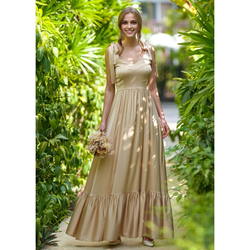 A-Line Champagne Gold Silk Bridesmaid Dress Wedding Guest Dress Evening Dress