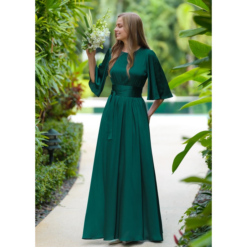 A-Line Dark Green Dress With Belt Long Bridesmaid Dress Wedding Guest Dress Maxi Dress