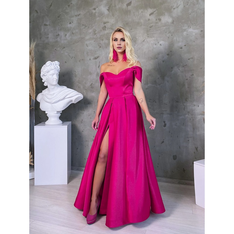 A-Line Fuchsia Satin Bridesmaid Dress Simple Off Shoulder Long Wedding Guest Party Dresses