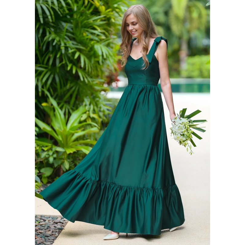 A-Line Princess Dark Green Long Satin Dress Simple Bridesmaid Dress Wedding Guest Dress Maxi Dress