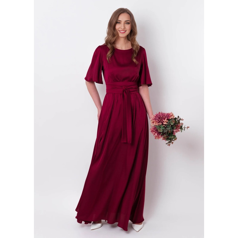 Burgundy Silk  Maxi Dress With Belt Long Slit Bridesmaid Dress Wedding Guest Dress