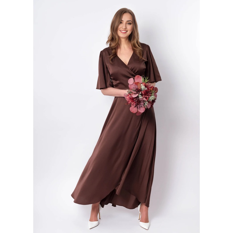 Choolate Brown V-Neck Silk Dress Wrap Dress Bridesmaid Dress Wedding Guest Dress