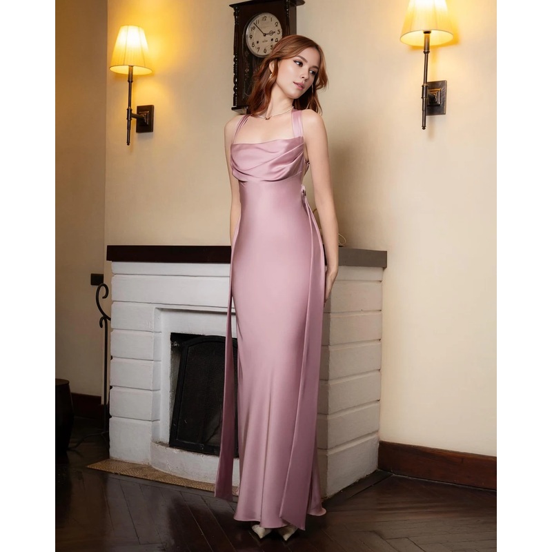 Cross Back Silk Open Back Dress Maxi Dress Wedding Guest Dress Draped Front Dress