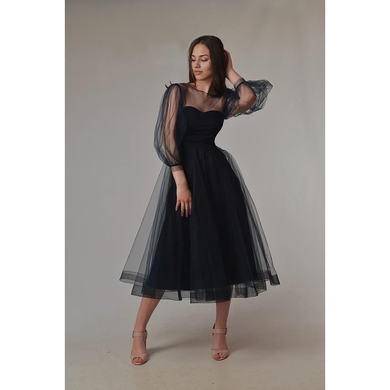 Dark Blue Midi Puffy Sleeves Engagement Evening Tulle Wedding Guest Party Dresses