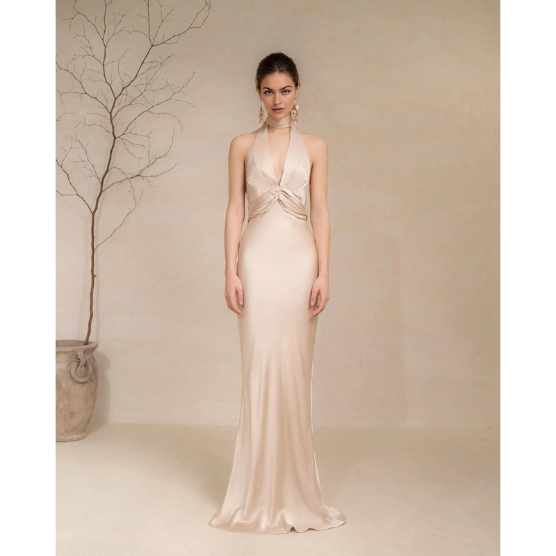 Deep V Neck Floor Length Dress Empire Waist Wedding Guest Dress Backless Maxi Dress